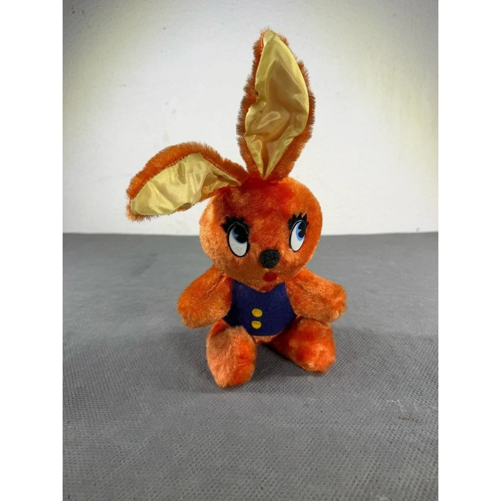 Vintage Orange Plush Bunny Rabbit Blue Vest Large Blue Eyes Retro Stuffed Animal
